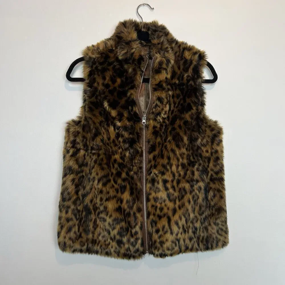 J. Crew Faux Fur Vest Womens XS Leopard Cheetah Animal Print indie sleeze y2k